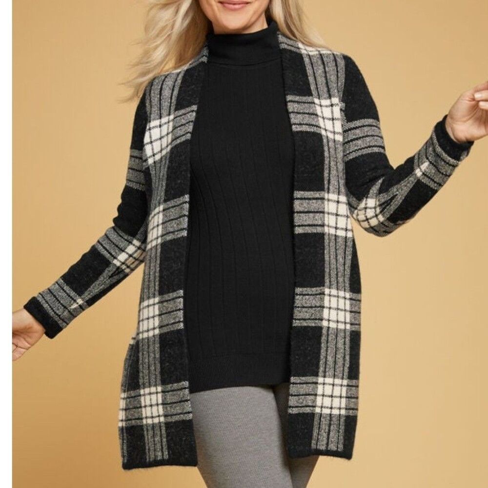 Talbots Black White Plaid Coatigan Sweater Coat Cardigan Women's Medium Cozycore